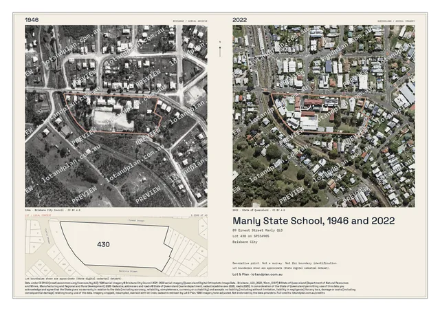 Manly State School in 1946 and 2022, with the lot outlined and drawn below; PREVIEW watermark.