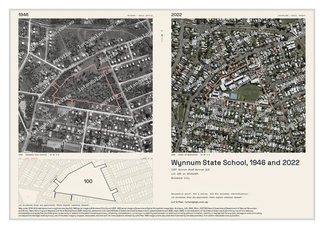 Wynnum State School site in 1946 and 2022, paired with an outlined lot and a lot drawing; PREVIEW watermark.